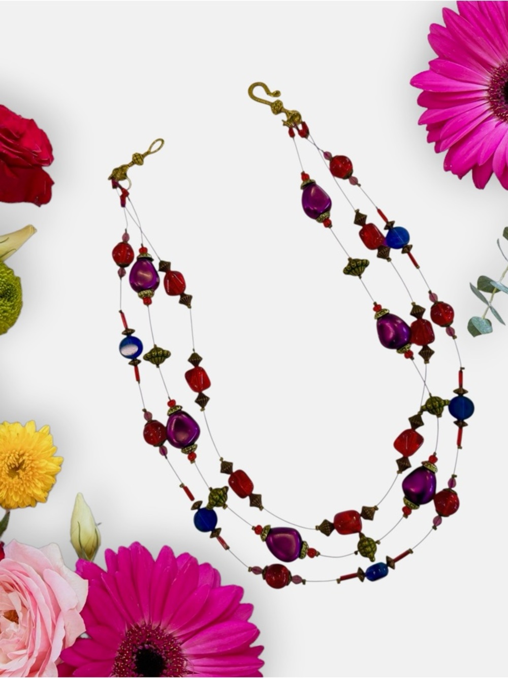 Multi-Strand Beaded Necklace in Purple & Red